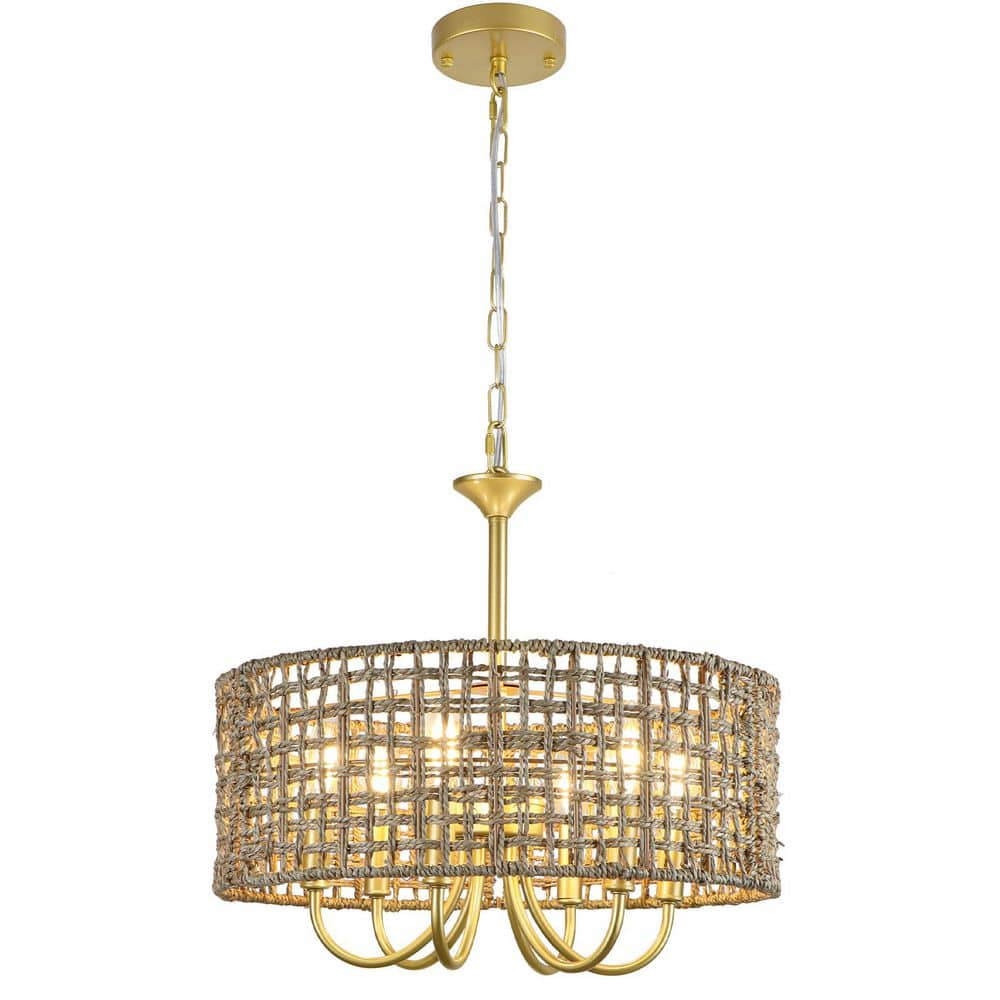 17.72 in. 6-Light Boho Gold Farmhouse Hand Woven Rattan Chandelier with Wic