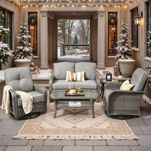 Toject Denali Gray 5-Piece 4-Seat Wicker Modern Outdoor Patio Conversation Sofa Swivel Chair Set with Dark Gray Cushions