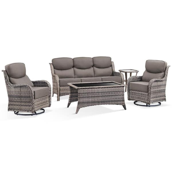 JHXL 5-Piece Outdoor Gray Wicker Patio Conversation Set Swivel Rocking Chair with Gray Cushions