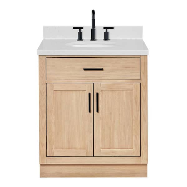 Hepburn 30 in. Single Sink Freestanding Bathroom Vanity in Oak with Carrara White Quartz Top