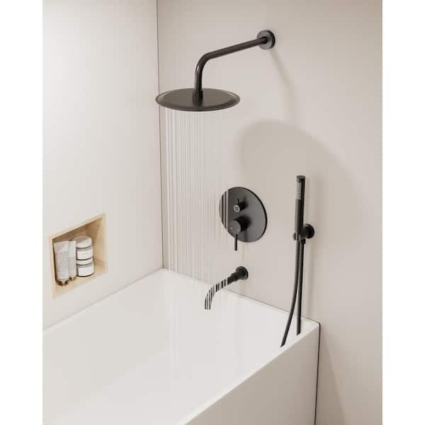 YAWWALK 10 in. Wall Mount Shower Head Single Handle 3-Spray Tub and Shower Faucet in. Matte Black (Valve Included)