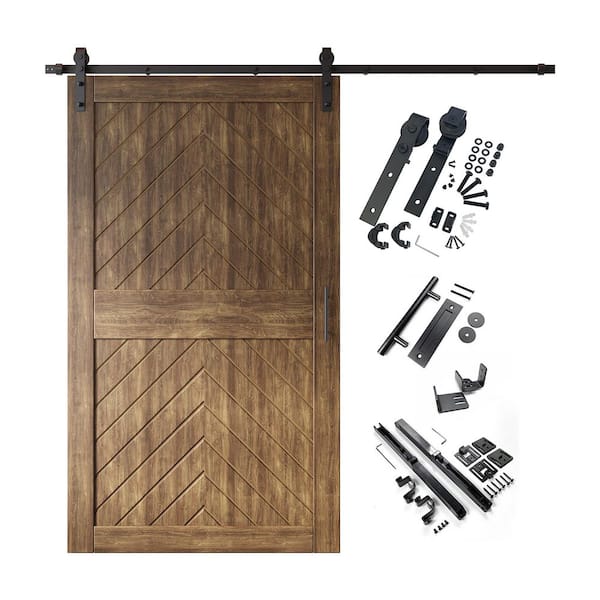 JT1 50 in. x 84 in. C-Panel Dark Walnut Fishbone Design Solid Pine Wood Sliding Barn Door with Hardware Kit