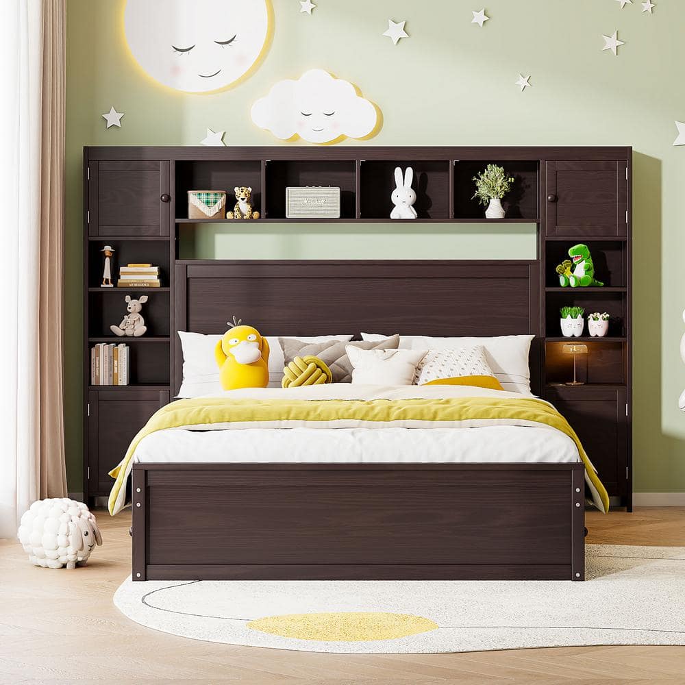 Espresso (Brown) Wood Frame Queen Platform Bed with All-in-One Cabinet, Multiple Shelves, Cabinets, USB, 4-Drawers price history on PriceWatchPro
