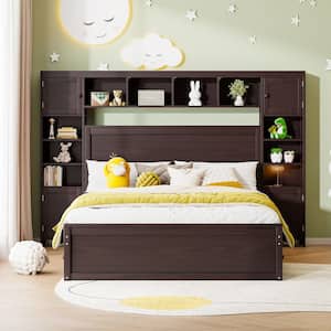 Espresso (Brown) Wood Frame Queen Platform Bed with All-in-One Cabinet, Multiple Shelves, Cabinets, USB, 4-Drawers