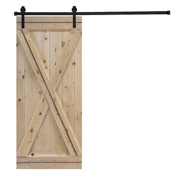 AIOPOP HOME Modern X Style Series 38 in. x 84 in. Mother Nature Unfinished Knotty Pine Wood DIY Sliding Barn Door with Hardware Kit