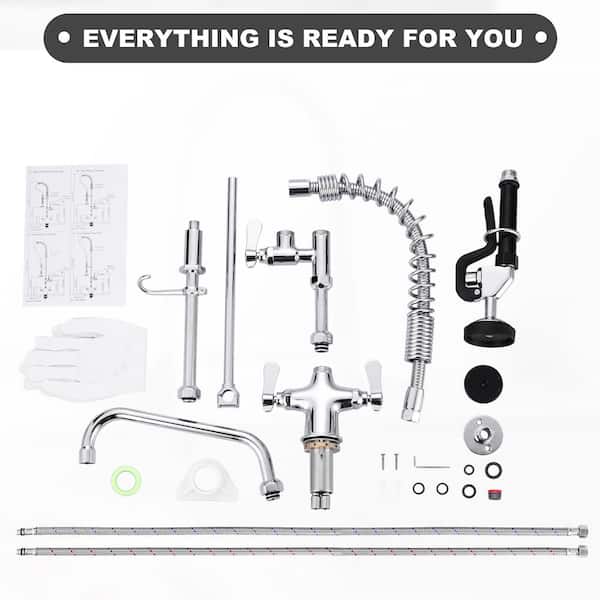 Brass Commercial 39. 9in. H Deck Mount Triple Handle Pull Down Sprayer Kitchen Faucet with Pre-Rinse Sprayer in Chrome