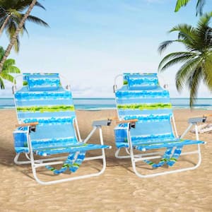 2-Piece Blue Green Metal Foldable Adjustable Beach Chair with Pillow and Storage Pockets, Backpack Beach Chairs