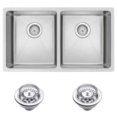 Undermount Small 27.12 in. 0-Hole Double Bowl Kitchen Sink with Strainer in Premium Scratch Resistant Satin Finish