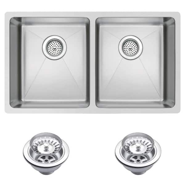 Water Creation Undermount Small 27.12 in. 0-Hole Double Bowl Kitchen Sink with Strainer in Premium Scratch Resistant Satin Finish