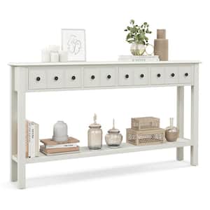 60 in. White Rectangle Wood Console Table with 4 Drawers and Open Shelf