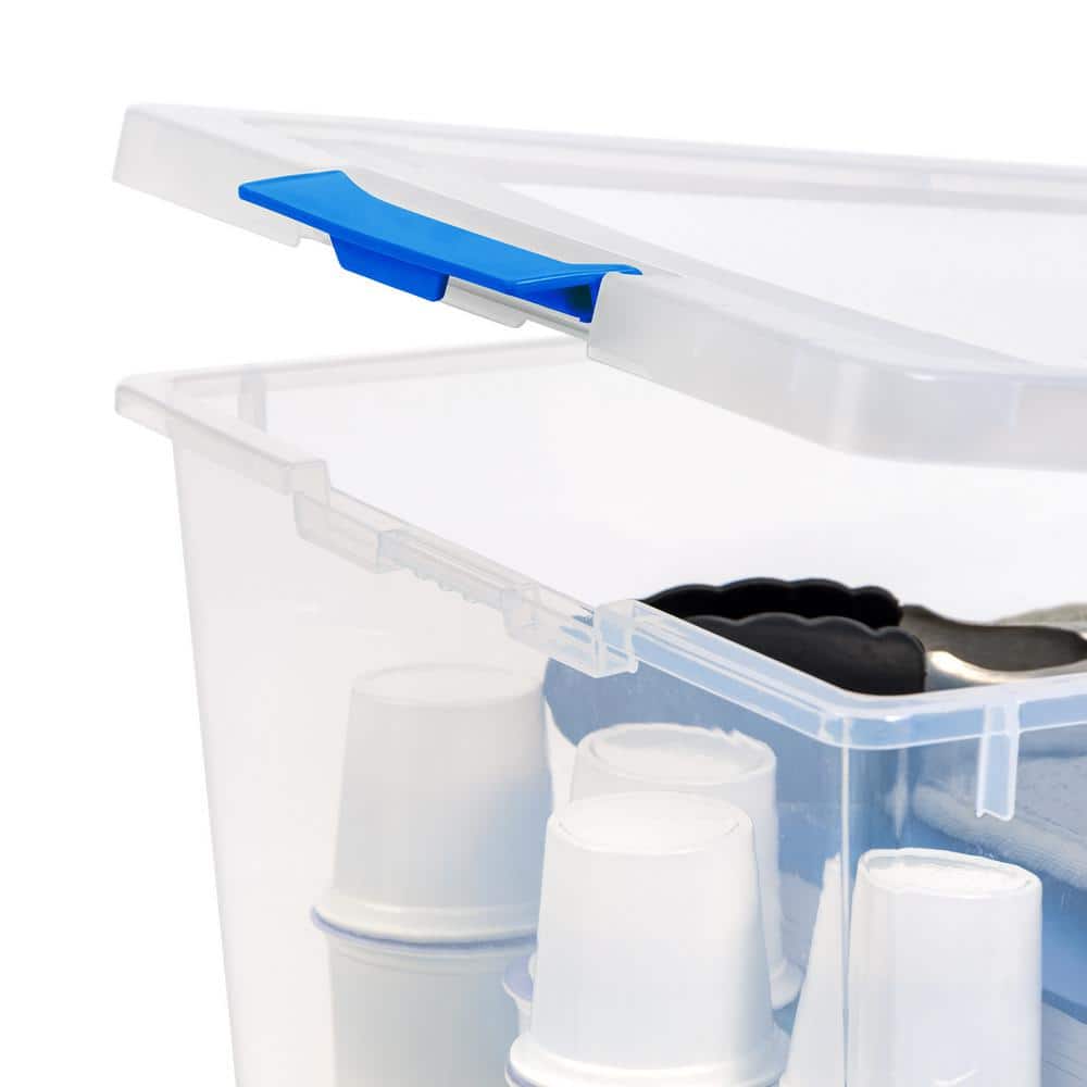 Clear Stackable Plastic Storage Boxes with Blue Latches, 12 Qt, Set of 4