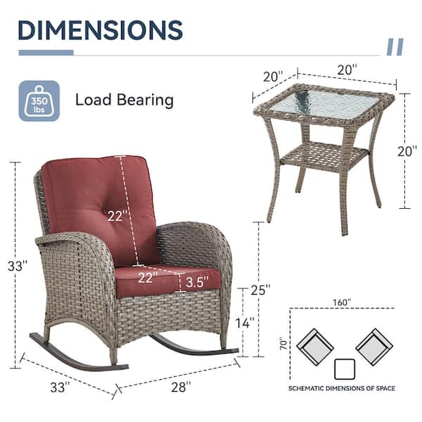 3-Piece Gray Wicker Patio Conversation Set with Cushions and Coffee Table All-Weather Rocking Chairs