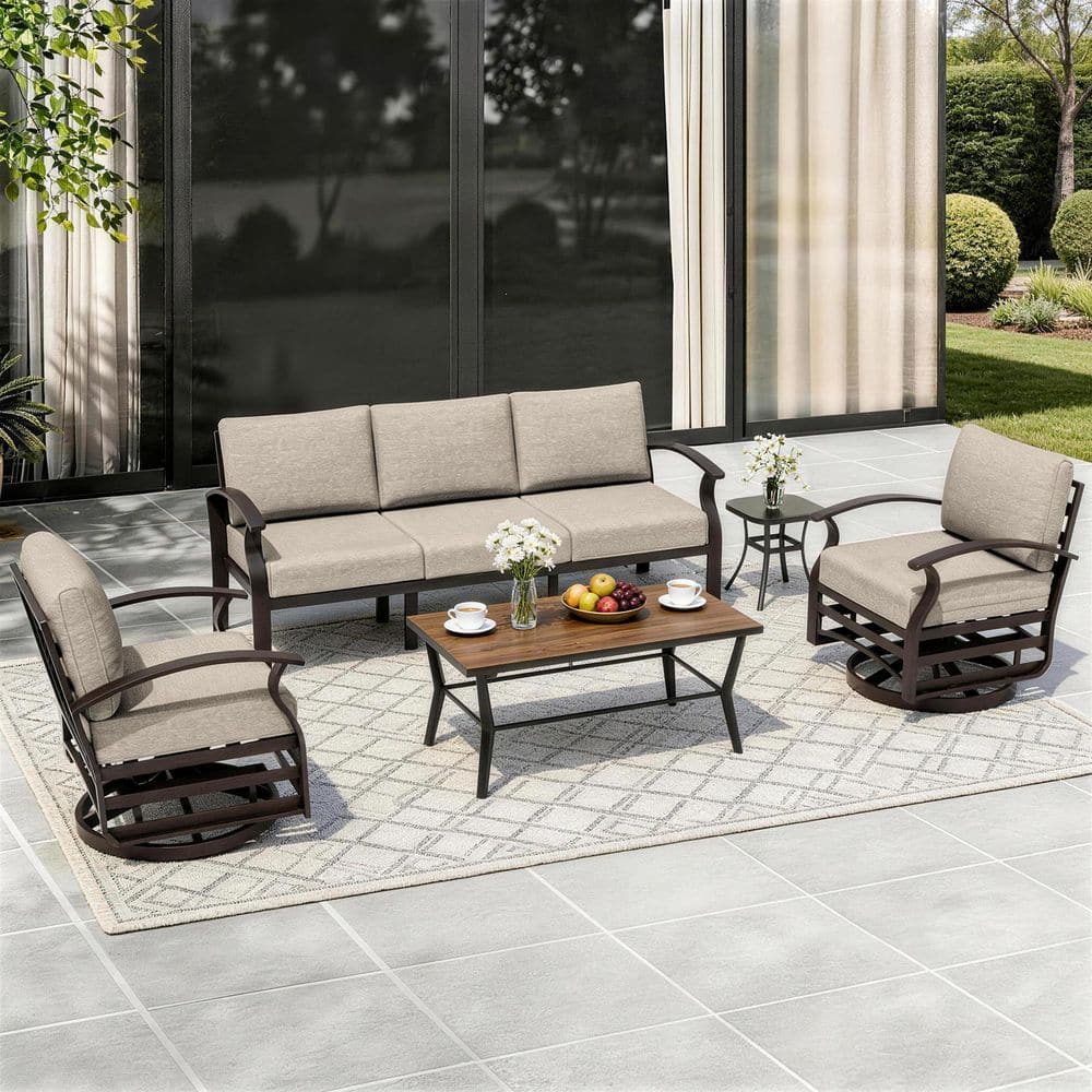 5-Piece Patio Aluminum Conversation Set with Faux Wood Grain DPC Coffee Table, 2 Swivel Rocking Chairs and Khaki Cushion price history on PriceWatchPro
