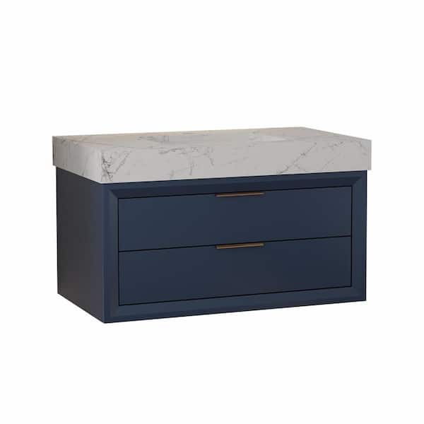 Wenlorin 36 in. Single Sink Floating Blue Bath Vanity with White Engineered Marble Top Pre-Assembled