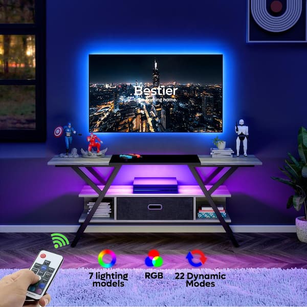 55 in. Wash Grey TV Stand with Led Lights and Drawer for TVs Up to 65 in. Entertainment Center
