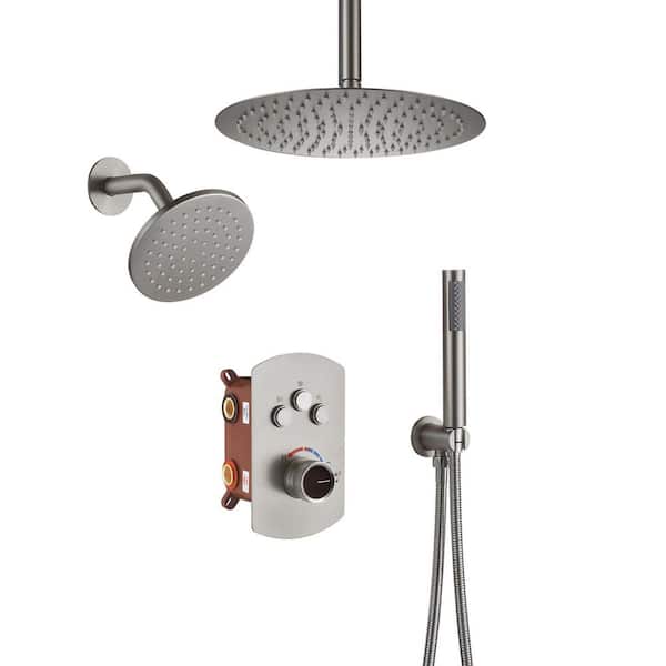Mondawe Pressure Balanced 3-Spray Patterns 12 in. Ceiling Mounted Rainfall Dual Shower Heads with Handheld in Brushed Nickel