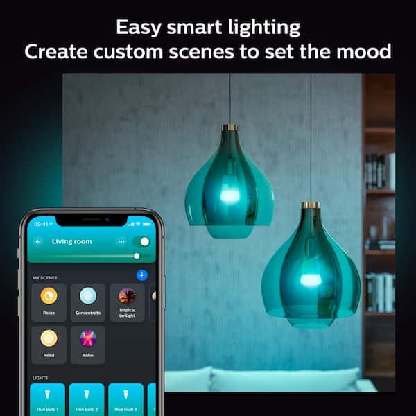 Philips Hue 75-Watt Equivalent A19 Smart Wi-Fi LED Color Changing Light Bulb  Starter Kit (4 Bulbs and Bridge) 563296 - The Home Depot