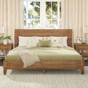 Lessio Light Brown Mid-Century 13.7 in. Solid Wood Frame King Platform Bed with Wooden Slats, Headboard, Easy Assembly