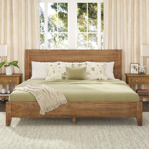 Lessio Light Brown Mid-Century 13.7 in. Solid Wood Frame King Platform Bed with Wooden Slats, Headboard, Easy Assembly