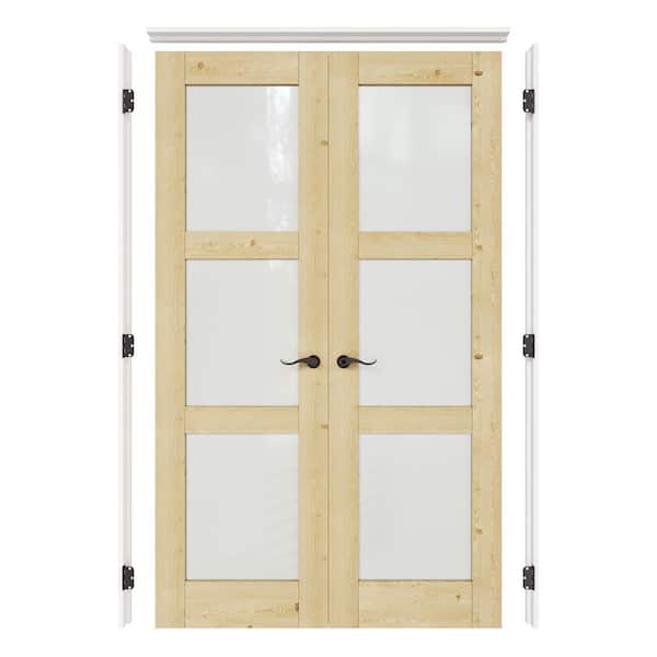 48 in. x 80 in. 3-Lite Frosted Glass Universal Solid Core Wood Double Prehung Interior Door with Quick Assemble Jamb