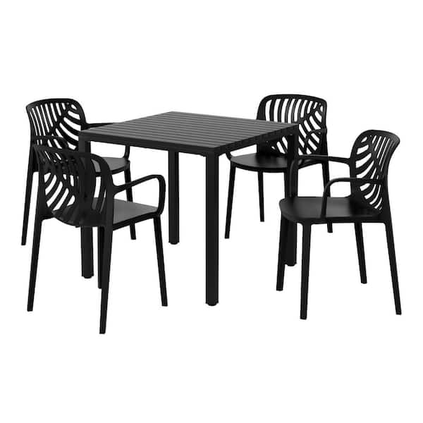 Frond and Form Outdoor Patio Modern 5-Piece Dining Set w/ Square Metal Frame Table and Stackable Plastic Chairs, Black