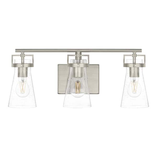 Home Decorators Collection Clermont 22 in. 3-Light Brushed Nickel Bathroom Vanity Light with Seeded Glass Shades