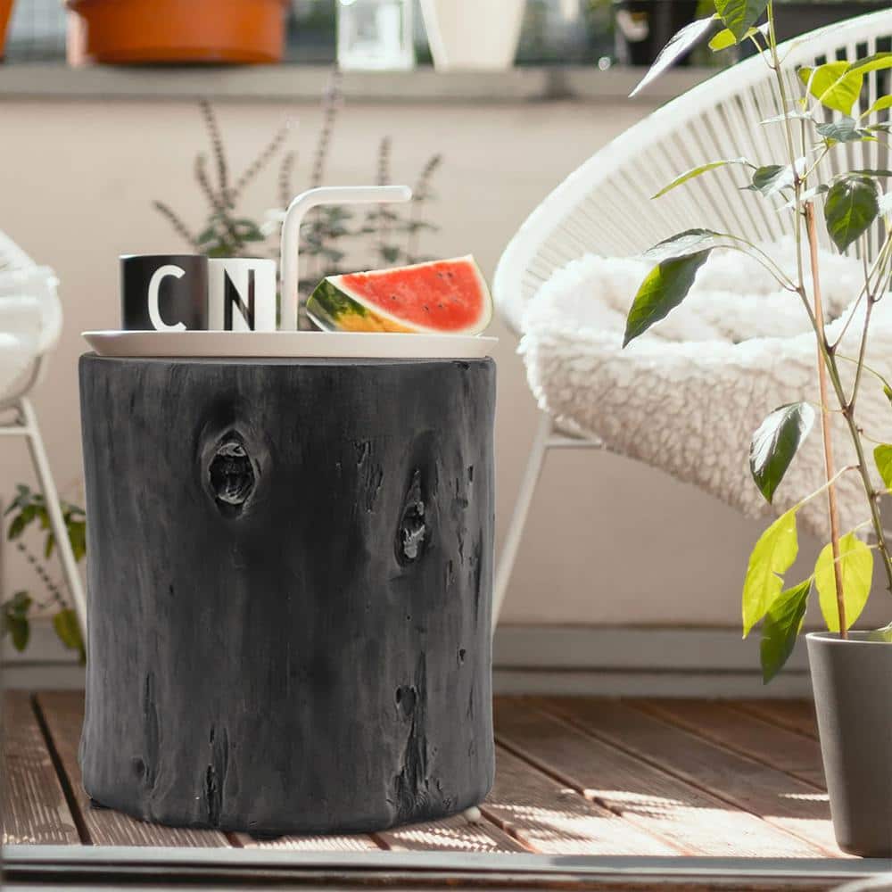 Dark Gray Concrete Outdoor Round Coffee Table, Faux Wood Stump Stool, Garde
