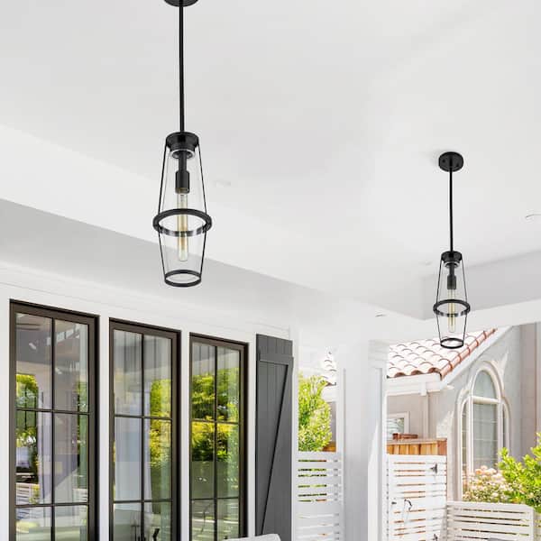 1-Light Black Indoor Outdoor Pendant Light with Clear Glass Shade
