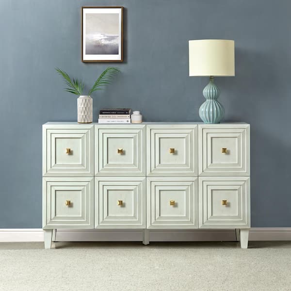 JAYDEN CREATION Denise White Wood 58 in. Wide Sideboard with Adjustable Shelves 4 Block-patterned Doors and Tapered Solid Wood Legs
