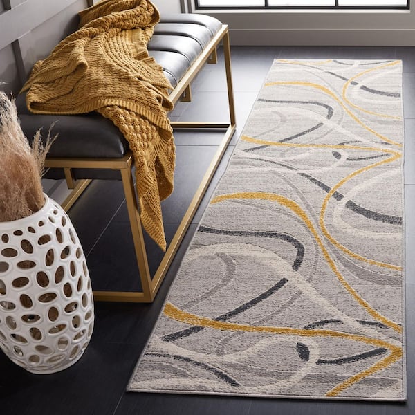 Odyssey 2 ft. x 8 ft. Gray/Gold Ivory Abstract Swirls Runner Rug