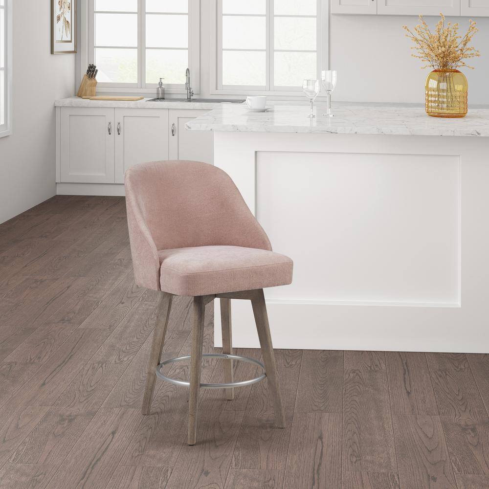 Pearce Elegant Pink Swivel Counter Stool with Reclaimed Grey Wood Legs
