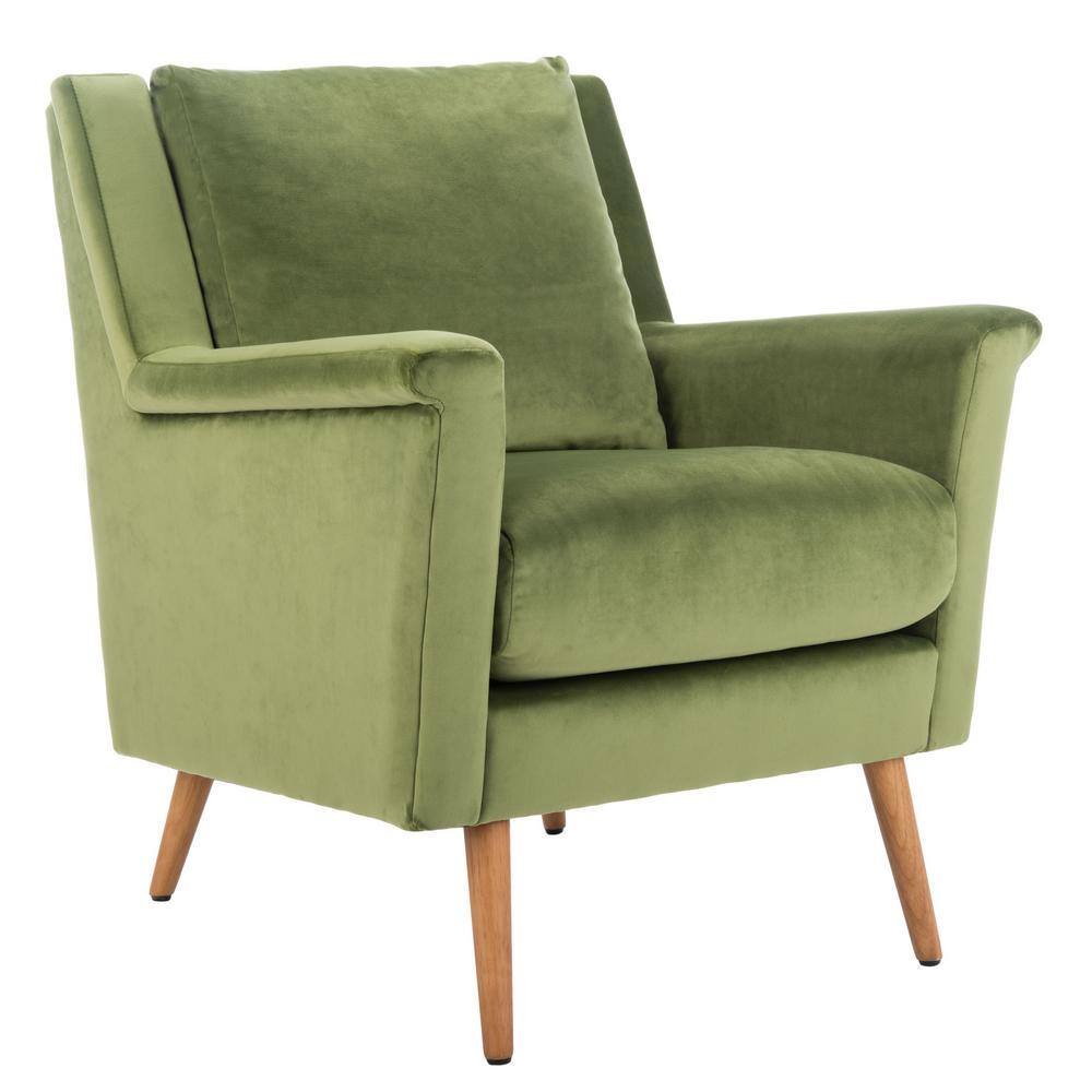 Olive Velvet and Natural Wood Mid-Century Arm Chair