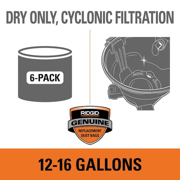 Genuine VF3602A Wet Dry Vac Cyclonic Dry Pick-up Only Dust Bags for Select 12-16 Gal. RIDGID Shop Vacuums, Size A (6pk)