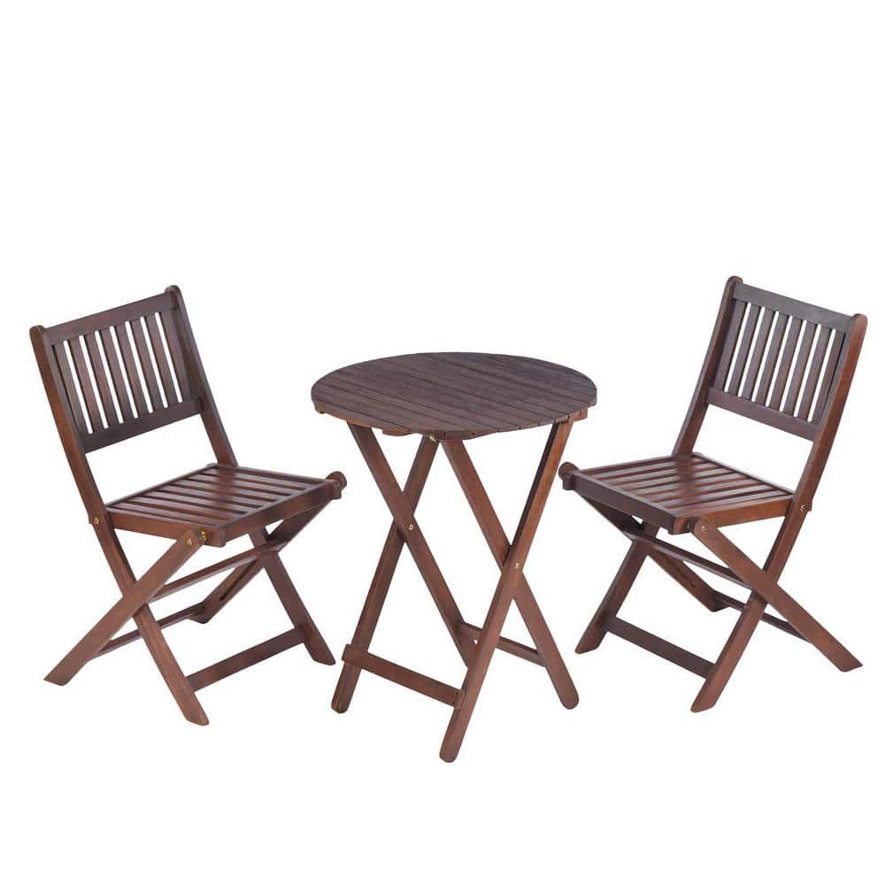 Brown 3-Piece Acacia Wood Outdoor Bistro Set Patio Dining Set Foldable Tabl
