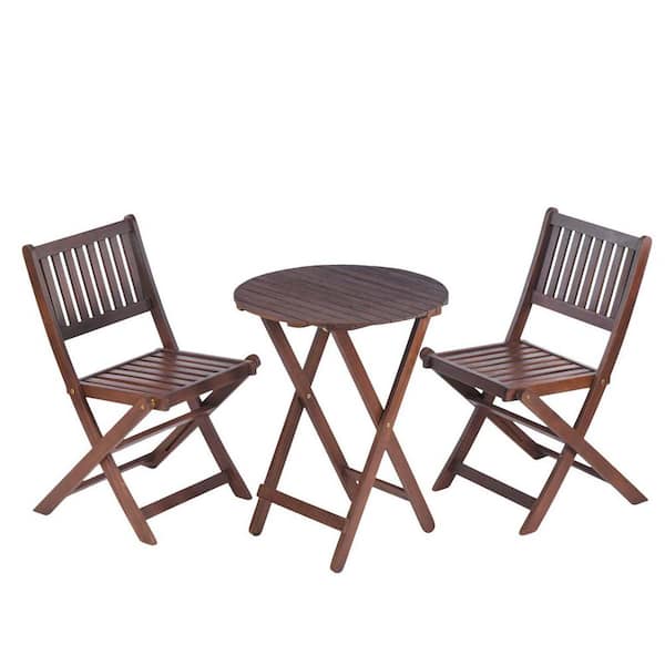 Unbranded Brown 3-Piece Acacia Wood Outdoor Bistro Set Patio Dining Set Foldable Table and Chair Sets