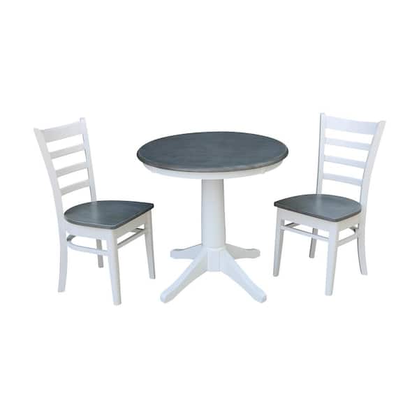 International Concepts Olivia 3-Piece 30 in. White/Heather Gray Round Solid Wood Dining Set with Emily Chairs