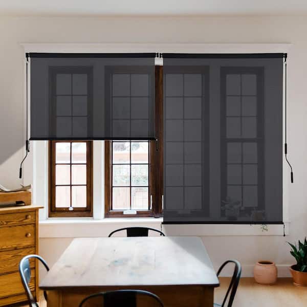 4 ft. x 8 ft. Gray Solar Fabric Roller Shades with Hand Crank, 95% UV Blocking