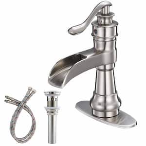 Single Handle Single Hole Waterfall Bathroom Sink Faucet with Pop-up Drain Kit and Deck Plate Included in Brushed Nickel