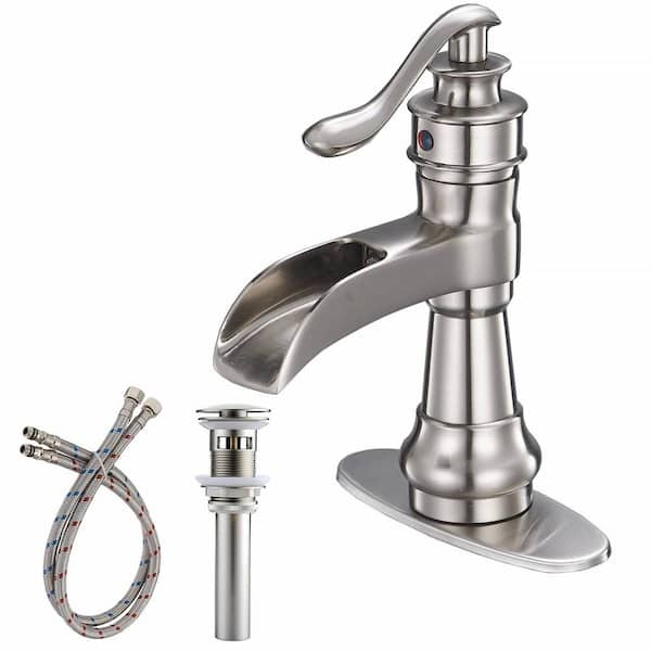 FLG Single Handle Single Hole Waterfall Bathroom Sink Faucet with Pop-up Drain Kit and Deck Plate Included in Brushed Nickel
