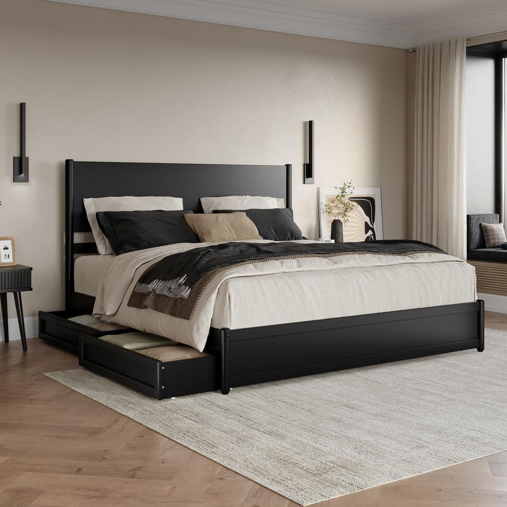 Ronan Light Toffee Natural Bronze Wood Frame Queen Platform Bed with Footboard and Storage Drawers
