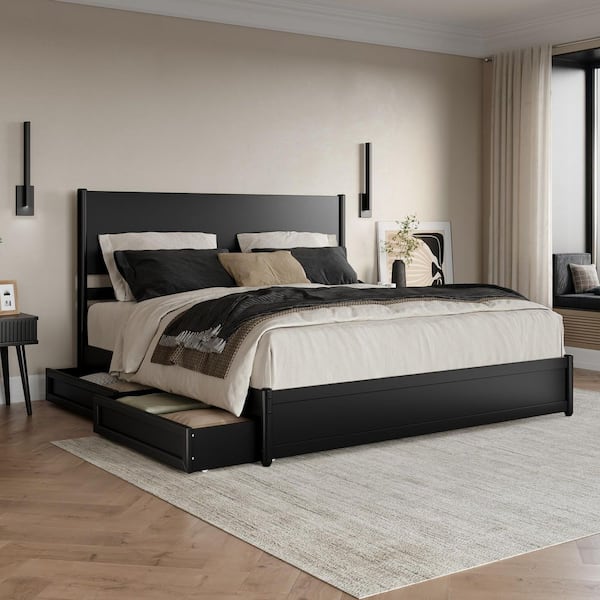 Ronan Black Wood Frame King Platform Bed with Footboard and Storage Drawers