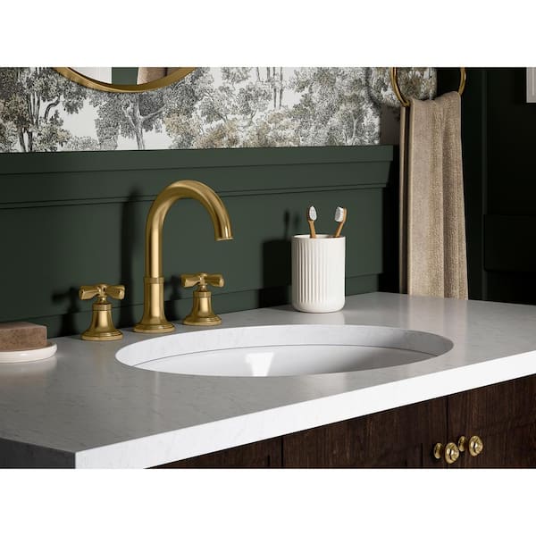 Paces 8 in. Widespread Double Handle Bathroom Faucet with Cross Handles in Vibrant Brushed Moderne Brass