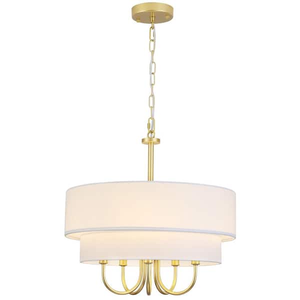 5-Light Drum Gold Pendant Design Hanging Linear Chandelier Lighting Fixture with Cloth Cover for Kitchen Island