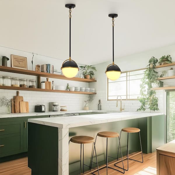 8 in. 1-Light Elegant Metal with Glass Globe Lighting, Matte Black and Gold Finishes for Kitchen Island