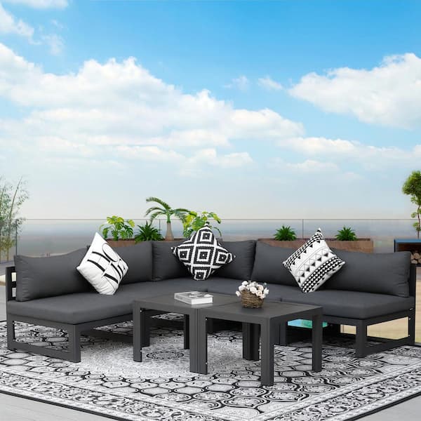 FINCATI 7 Piece Charcoal Large Outdoor Aluminum Patio Conversation Deep Seating Set and Coffee Tables with Gray Cushions