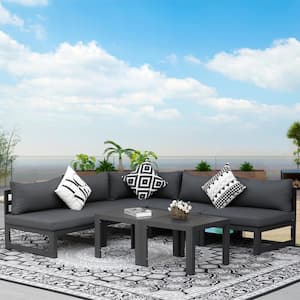 7 Piece Charcoal Large Outdoor Aluminum Patio Conversation Deep Seating Set and Coffee Tables with Gray Cushions