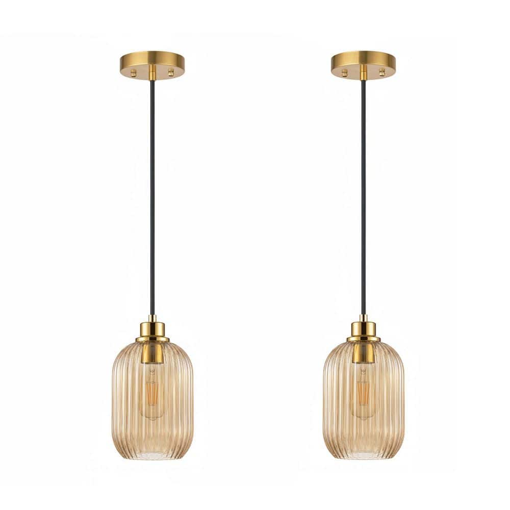 2-Pack 1-Light Gold Amber Glass Pendant Light for Kitchen Island Dining Room, Traditional Striped Cylinder Hanging Light price history on PriceWatchPro
