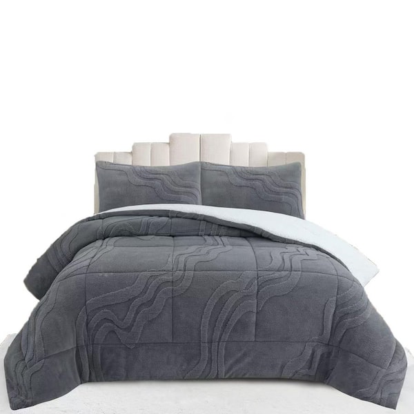MEW 3-Pieces Light Grey Wave Jacquard Queen Size Polyester Sherpa Comforter Set