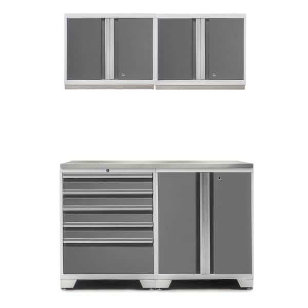 NewAge Products Pro Series 56 in. W x 85 in. H x 24 in. D 18-Gauge Welded Steel Cabinet Set in Platinum (5-Piece)