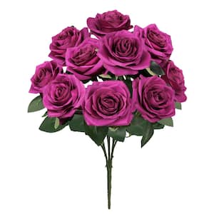 18 in. Deluxe Fuchsia Plum Artificial Queen Rose Flower Stem Bush Bouquet (Set of 2)